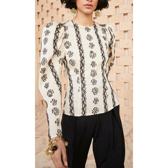 Ulla Johnson Layla Blouse Silk Puff Sleeve Embroidered Floral Birch Cream US 0 - Picture 1 of 12